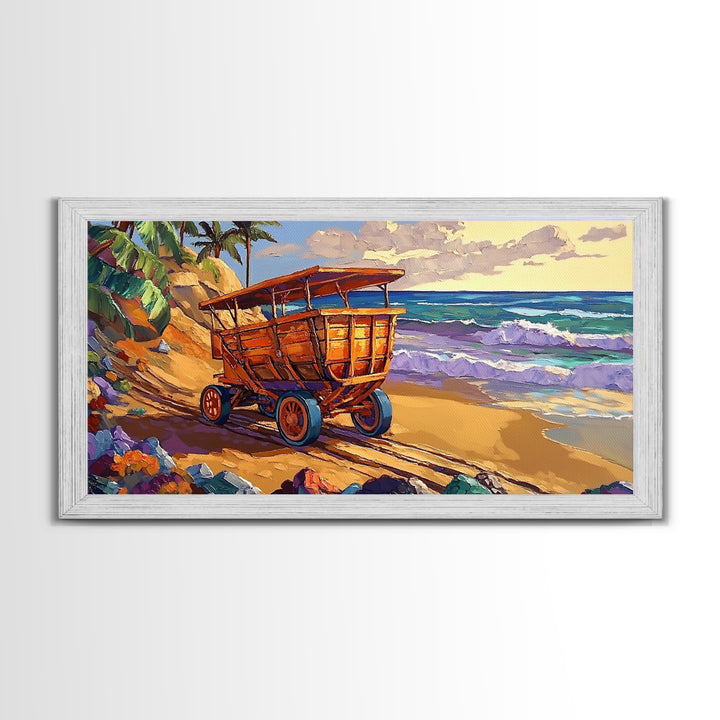 Coastal Cart, Tropical Beach, Ocean Shoreline, Framed Canvas Print, Rustic Wall Art, Coastal Living Room Decor, Summer Vibes Painting