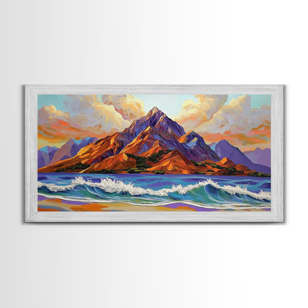 Ocean Peak, Island Sunrise, Vibrant Mountain, Framed Canvas Print, Bold Coastal Art, Beach House Wall Decor, Sunset Vibes