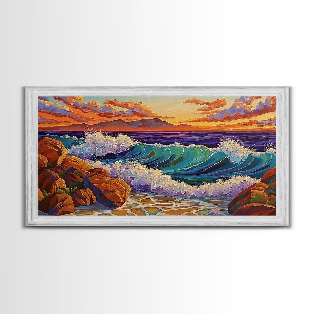 Coastal Splash, Sunset Rocks, Ocean Wave, Framed Canvas Print, Bold Nature Wall Art, Living Room Decor, Vibrant Seaside Artwork