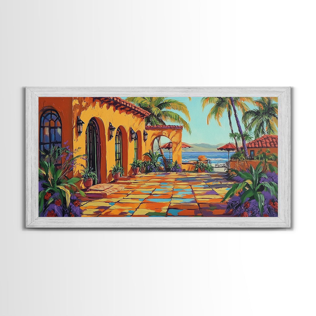 Coastal Patio, Palm View, Sunset, Canvas Print, Mexican beach terrace painting great Entryway Wall Art or Mediterranean Home Decor