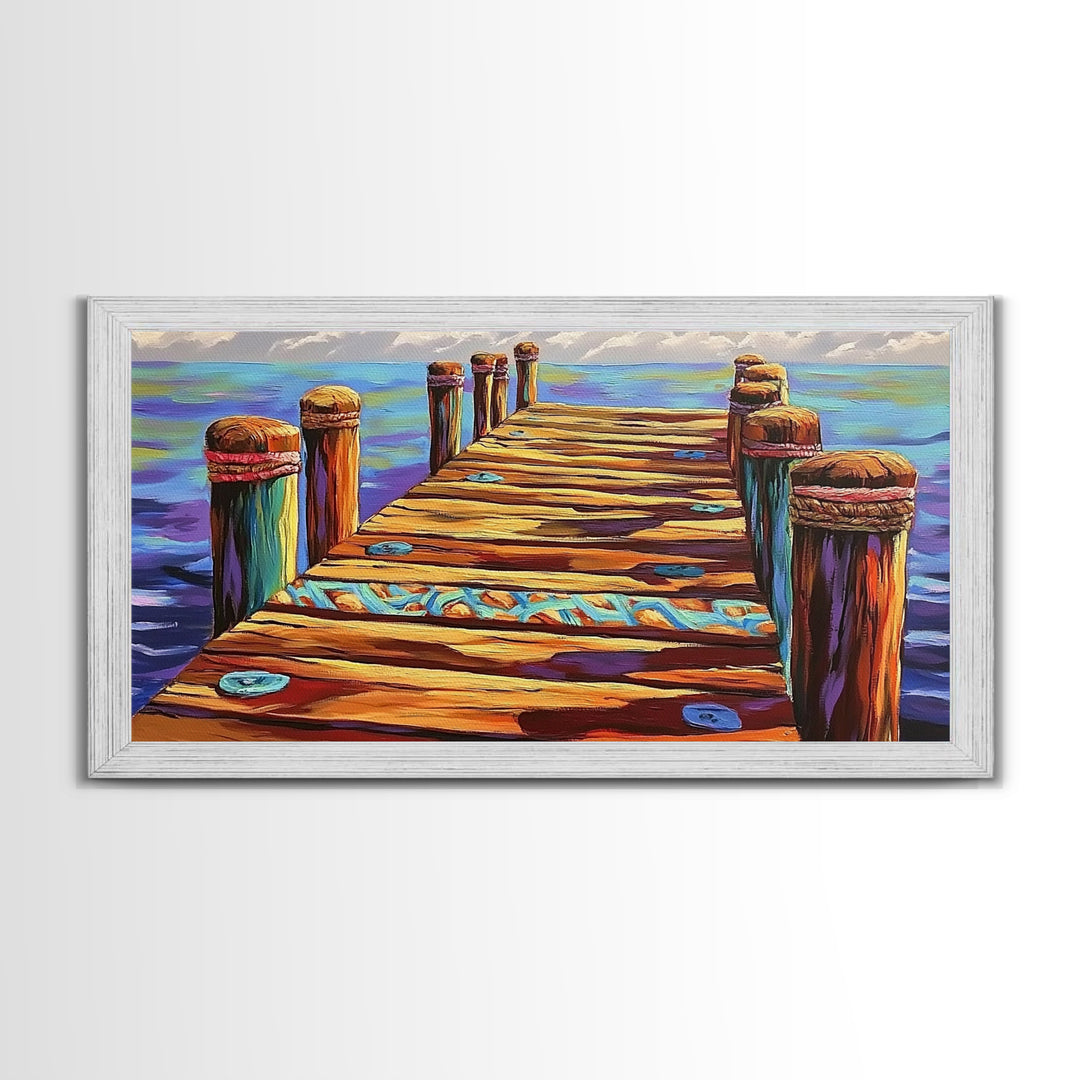 Dock View, Ocean, Coastal Path, Framed Canvas Print, Vibrant pier artwork ideal Beach House Wall Art or Nautical Entryway Decor