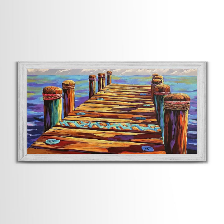 Dock View, Ocean, Coastal Path, Framed Canvas Print, Vibrant pier artwork ideal Beach House Wall Art or Nautical Entryway Decor