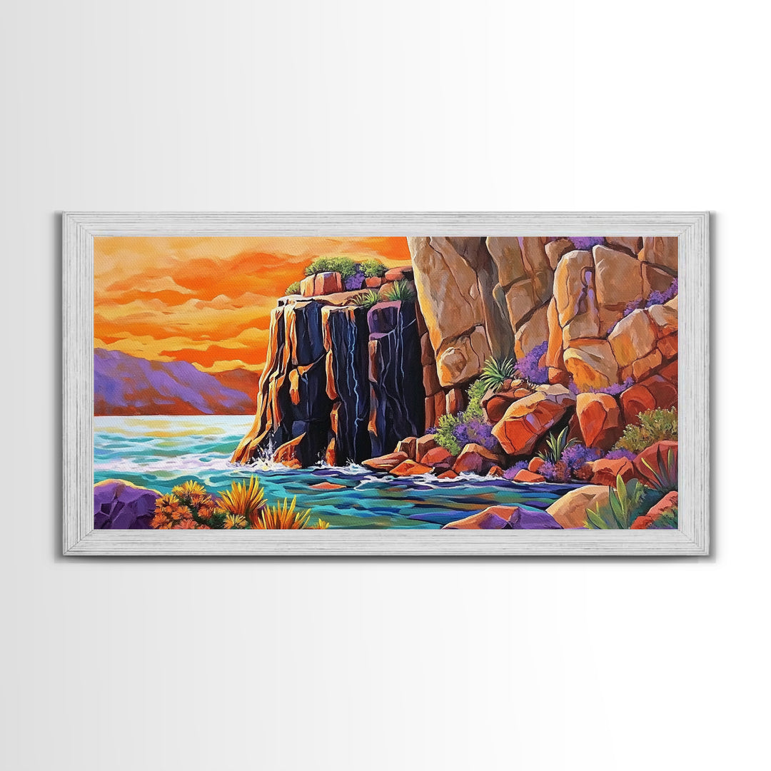 Desert Sunset, Cliffs, Nature, Framed Canvas Print, rocky cliffs and sea, Boho Living Room Wall Art, colorful sunset art, coastal vibes