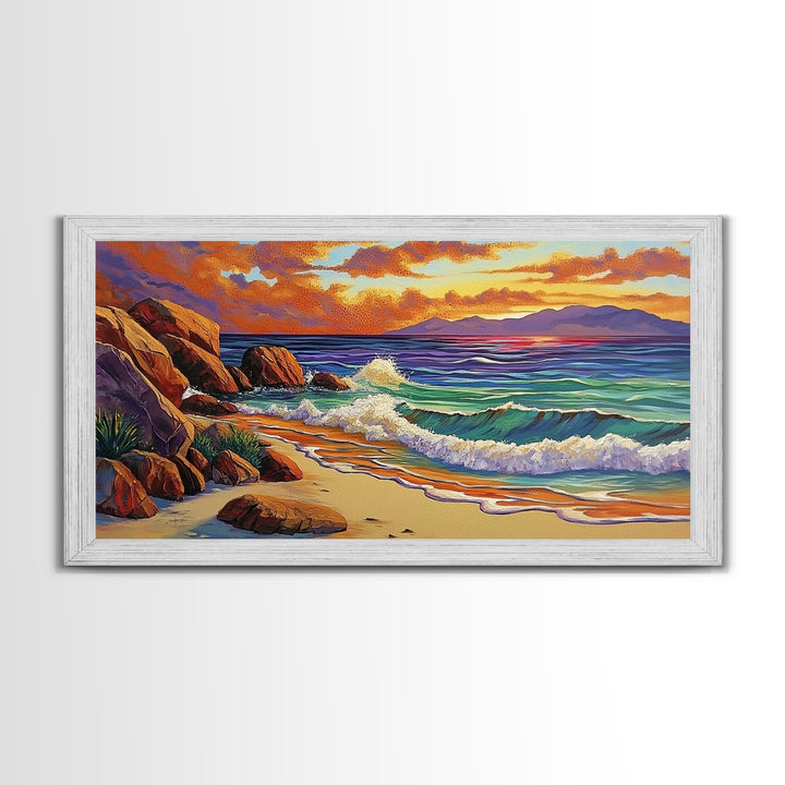 Coastal Sunset, Waves, Shore, Framed Canvas Print, ocean beach decor, seascape living room wall art, tropical boho coastal style