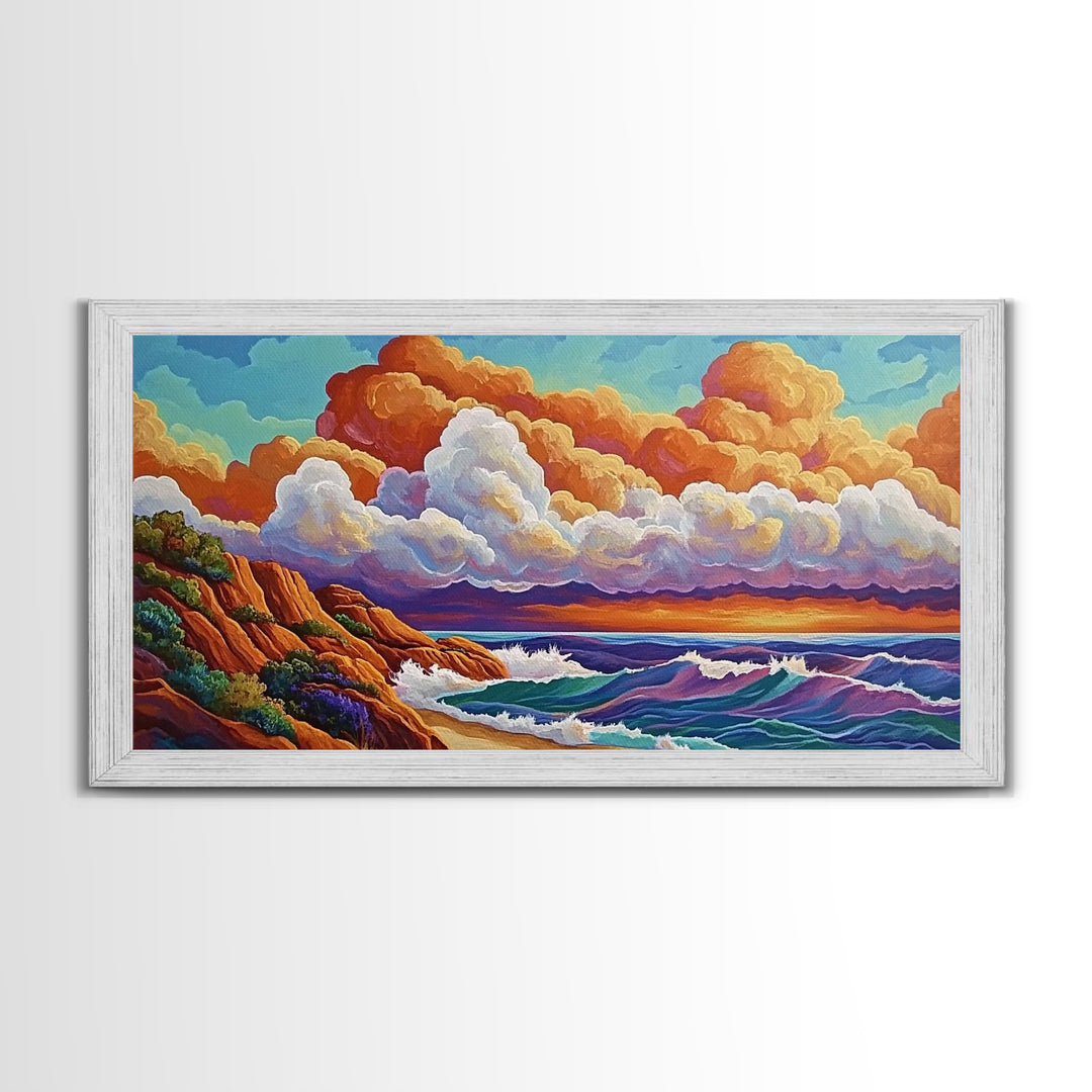 Clouds Ocean, Sunset, Dreamy, Framed Canvas Print, whimsical seascape, vibrant wave art, living room decor, beach wall art