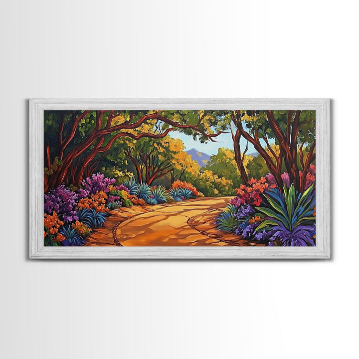 Nature Pathway, Garden, Trees, Framed Canvas Print, vibrant forest trail art, spring botanical decor, living room boho landscape