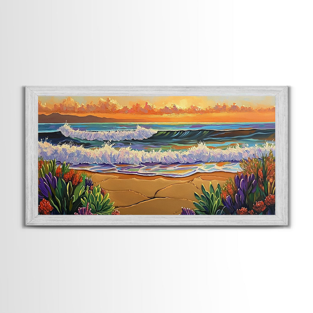 Ocean Sunset, Waves, Coastal, Canvas Print, ocean waves at sunset, Coastal Wall Art, vibrant seascape decor, beach house art