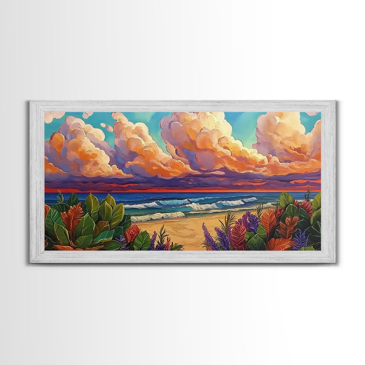 Tropical Beach, Clouds, Canvas Print, Colorful coastal beach artwork with dramatic clouds and waves, Bathroom Wall Art, coastal style