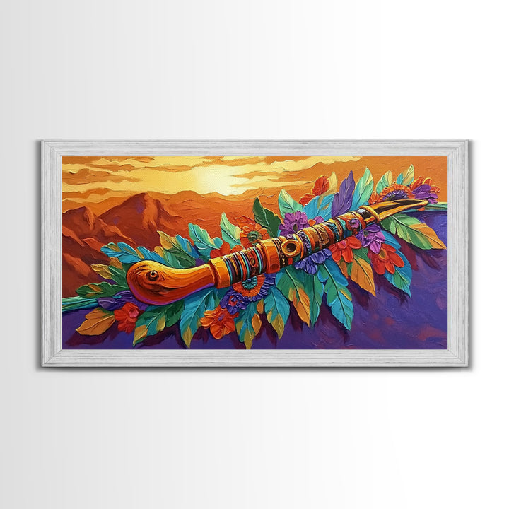 Native Flute, Flowers, Sunset, Framed Canvas Print, Spiritual Native American flute art with flowers and mountains, Boho Wall Art