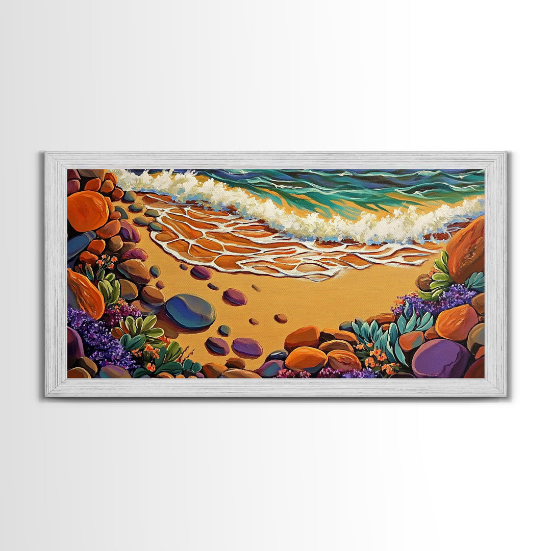 Coastal Shoreline, Footprints, Framed Canvas Print, Coastal beach waves and footprints art with colorful rocks, Bathroom Wall Art