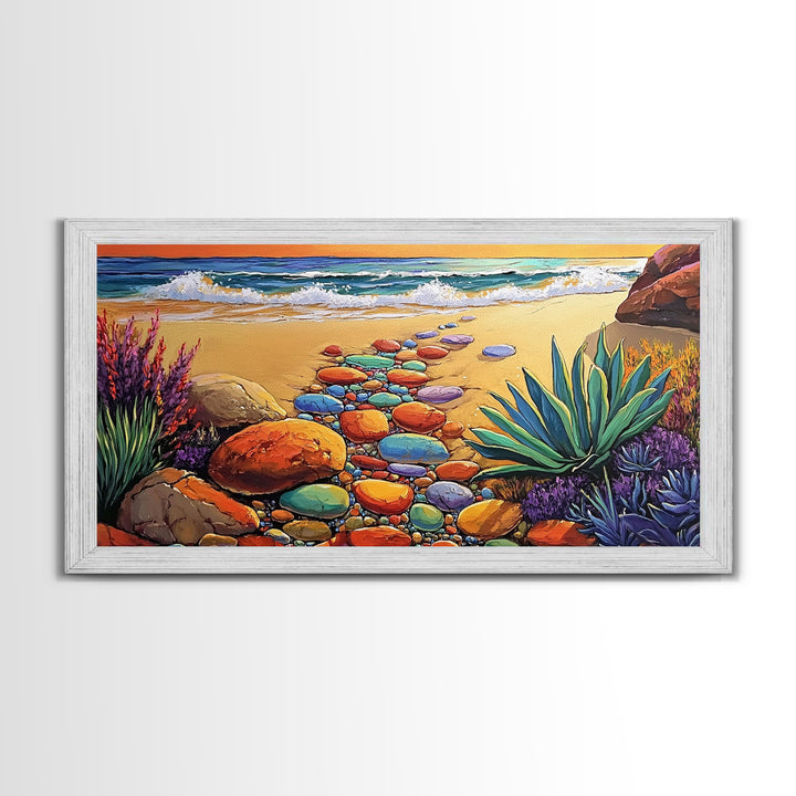 Beach Path, Ocean, Sunset, Canvas Print, Colorful beach path with stones and ocean waves, vibrant coastal Living Room Wall Art