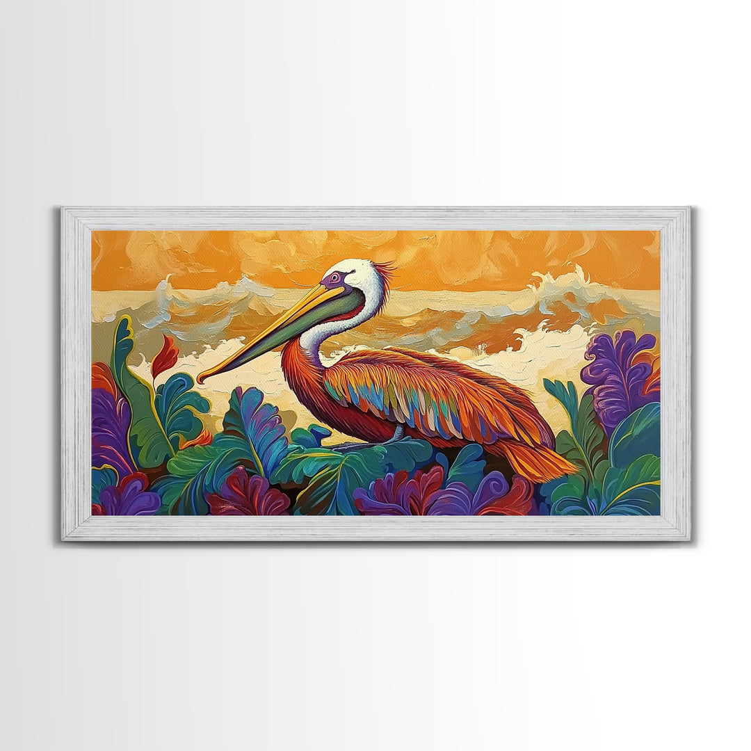 Pelican, Waves Tropical, Canvas Print, Bright tropical pelican artwork with ocean waves and foliage, great Bathroom Wall Art