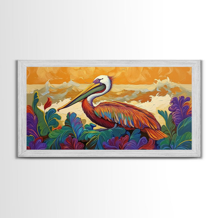 Pelican, Waves Tropical, Canvas Print, Bright tropical pelican artwork with ocean waves and foliage, great Bathroom Wall Art
