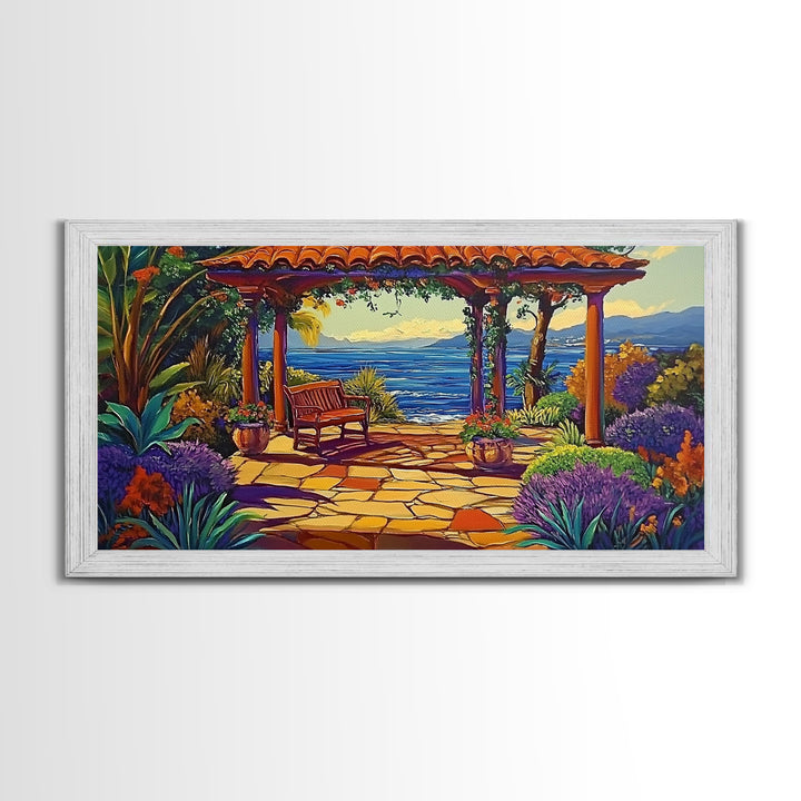 Garden Ocean View, Terrace, Framed Canvas Print, Serene garden bench by the ocean with colorful flowers, perfect Living Room Wall Art