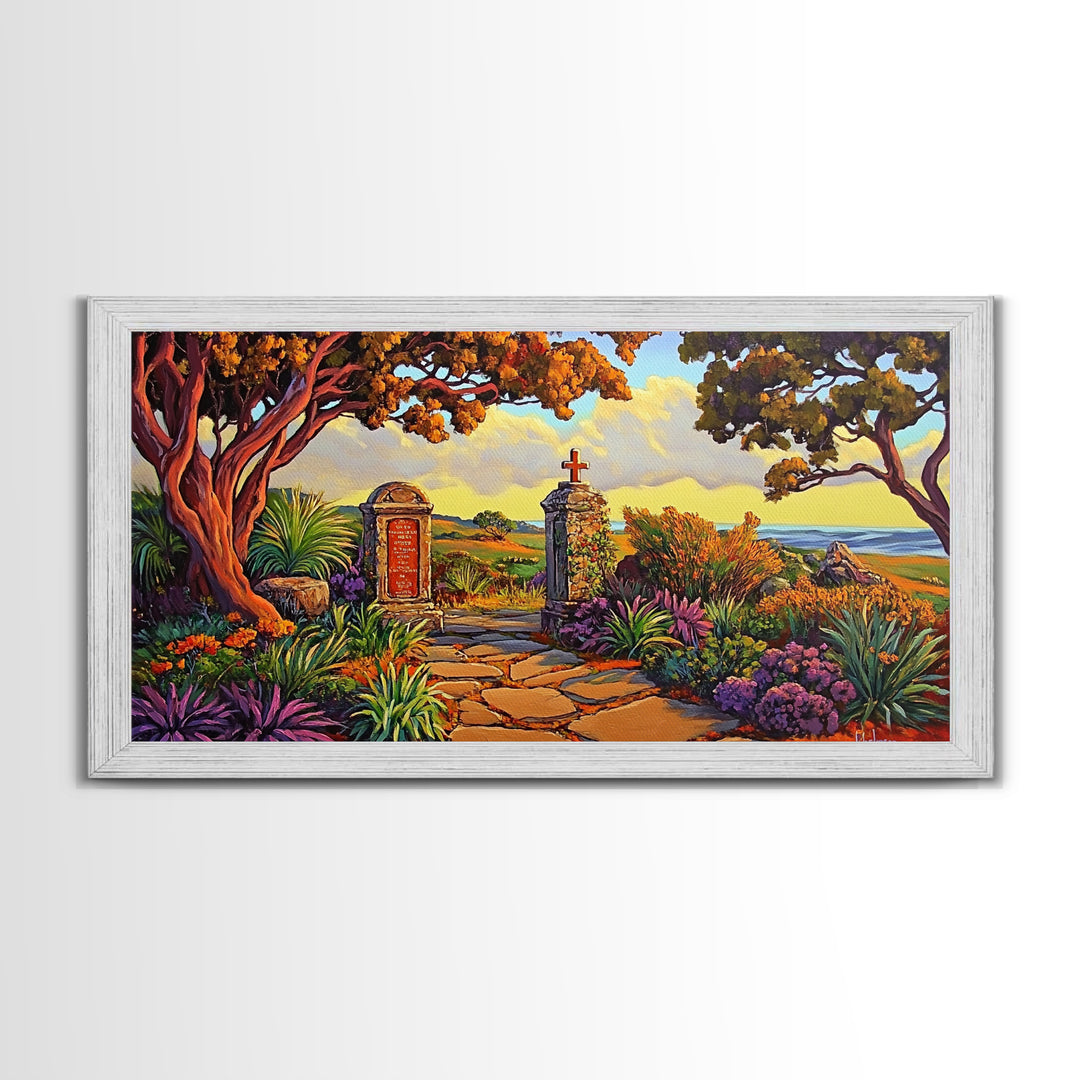 Cross Memorial, Sunset, Framed Canvas Print, Peaceful Autumn scene with cross and mountain view, ideal Fall Living Room Wall Art
