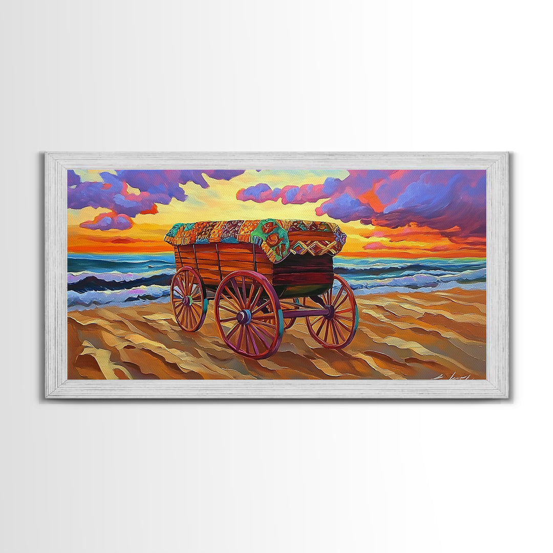 Beach Wagon, Sunset, Decor, Framed Canvas Print western wall art, desert decor, living room boho art, rustic coastal art, beach house