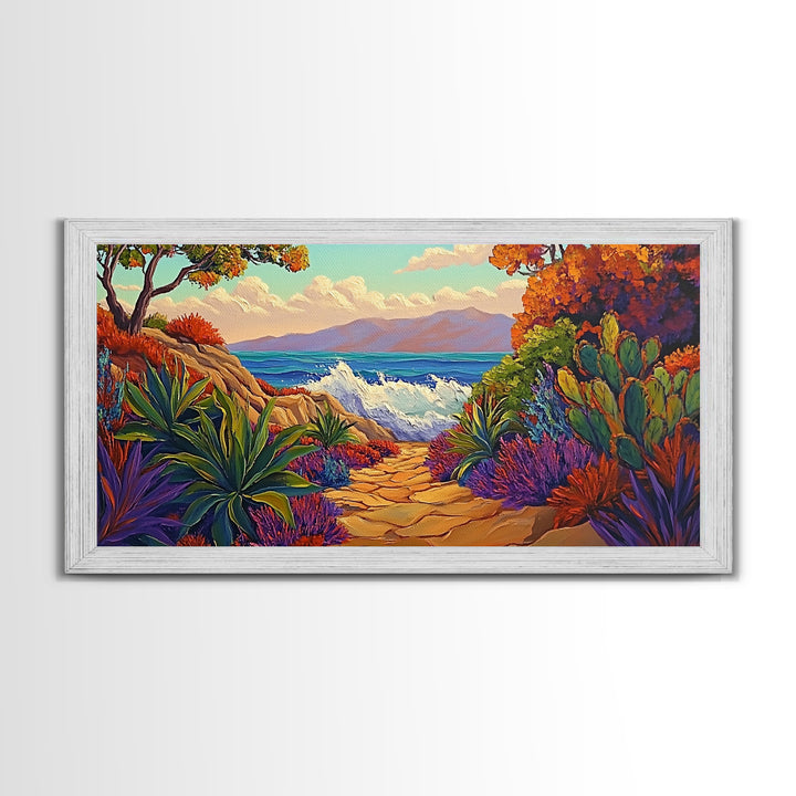 Ocean Path, Sunset, Nature, Canvas Print vibrant coastal wall art, autumn cactus decor, tropical landscape painting, entryway art