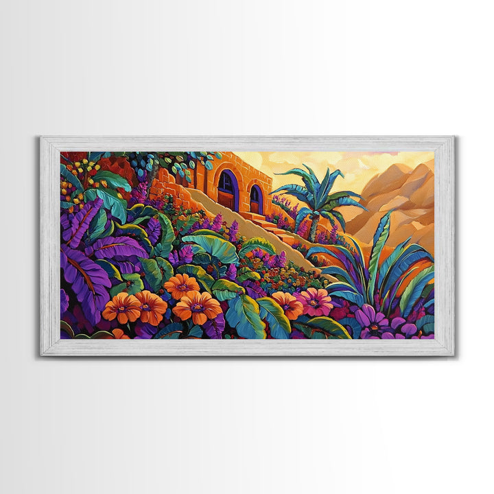 Jungle, Flowers, Adobe, Hillside, Framed Canvas Print tropical wall art, vibrant living room decor, boho jungle scene painting