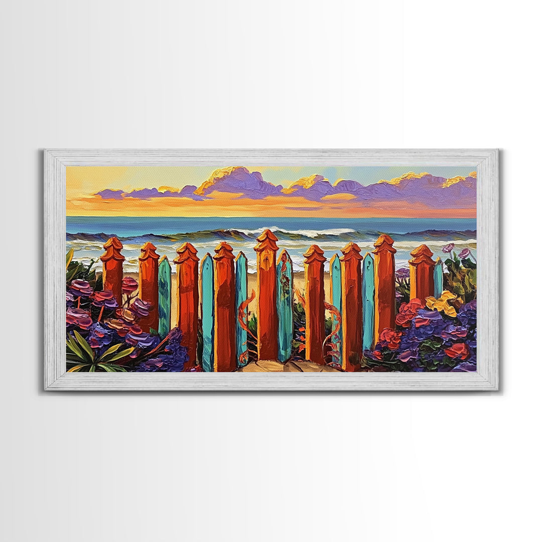 Ocean Fence, Flowers, Canvas Print, Coastal Wall Art, Beach House Decor, Nautical Art, Seaside Painting, Sunset Art, Vibrant Living Room