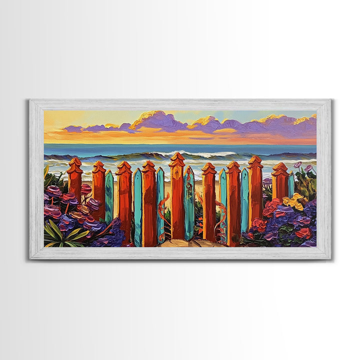 Ocean Fence, Flowers, Canvas Print, Coastal Wall Art, Beach House Decor, Nautical Art, Seaside Painting, Sunset Art, Vibrant Living Room