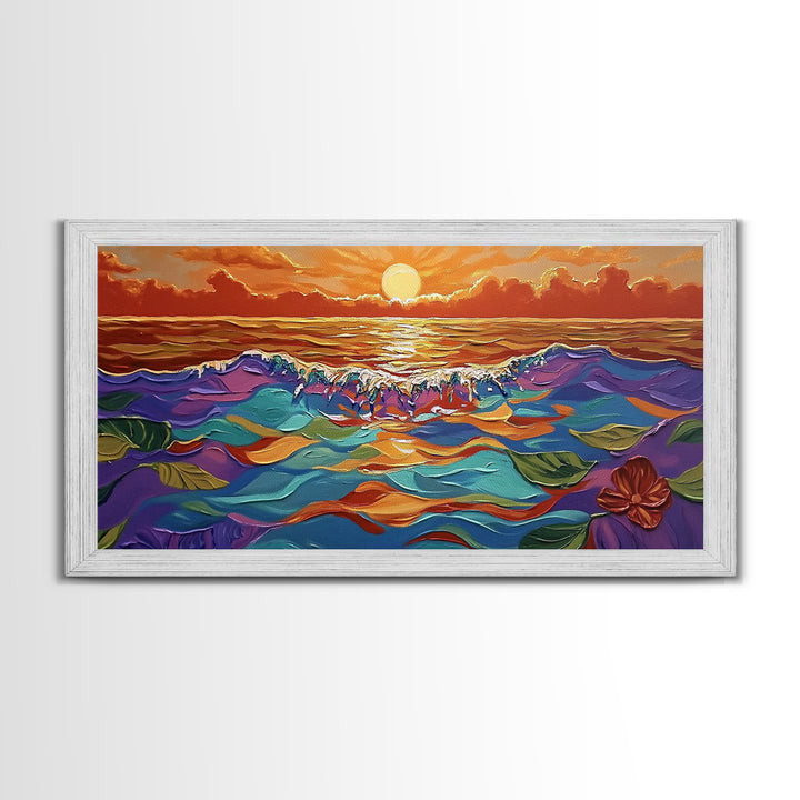 Ocean Sunset, Petals, Framed Canvas Print, Beachy Living Room Decor, Vibrant Seascape Art, Tropical Floral Painting, Boho Home Accent