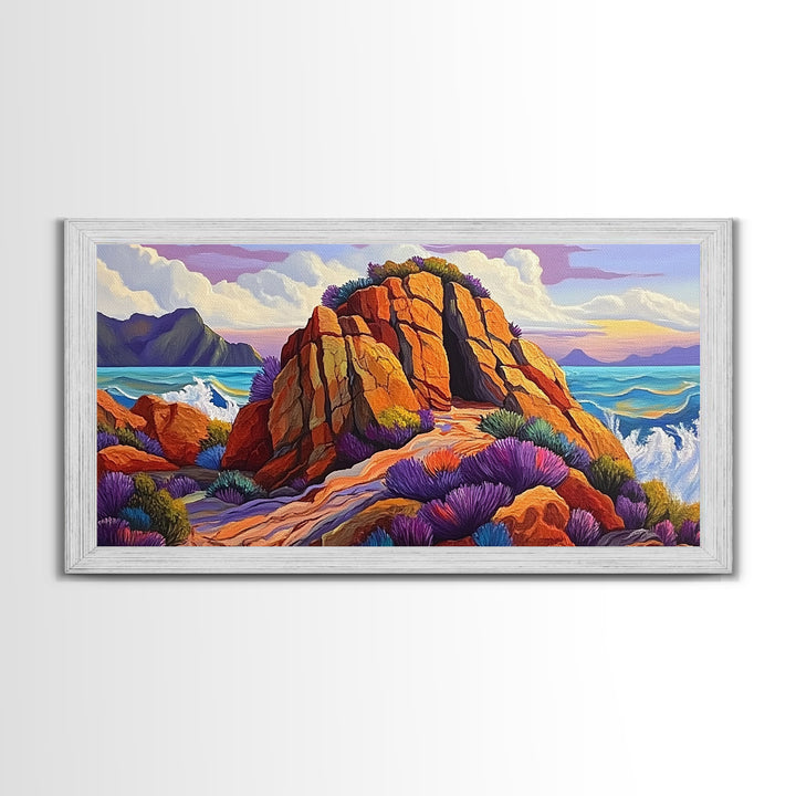Ocean Cave, Rocky Coast, Lavender Brush, Framed Canvas Print, Bold Nature Wall Art, Vibrant Bedroom or Study Coastal Decor