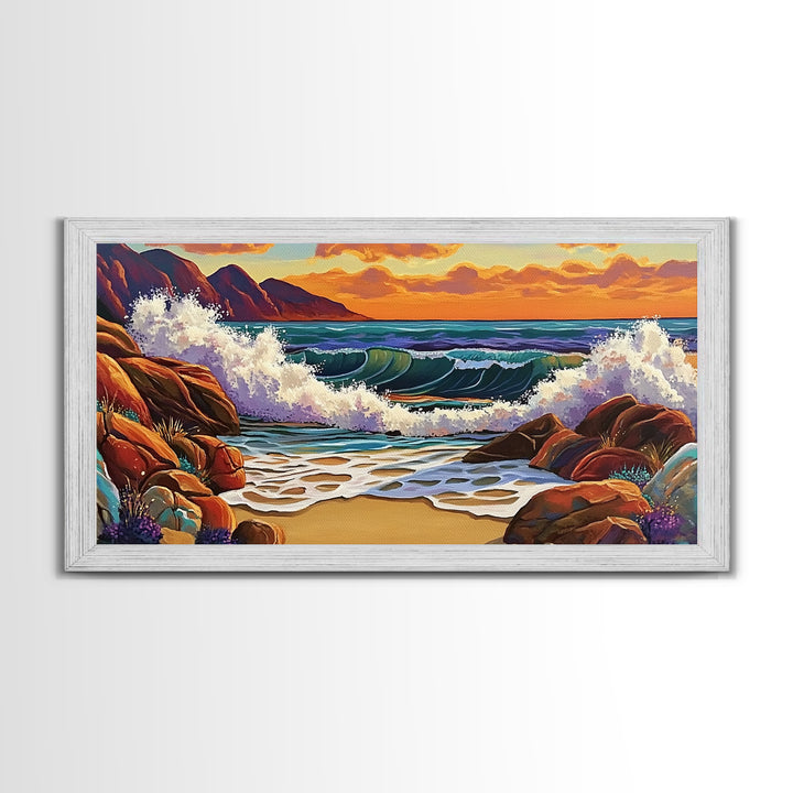 Sunset Surf, Crashing Waves, Coastal Mountains, Canvas Print, Vibrant Seascape Wall Art, Beach House Art, Bathroom Ocean Decor