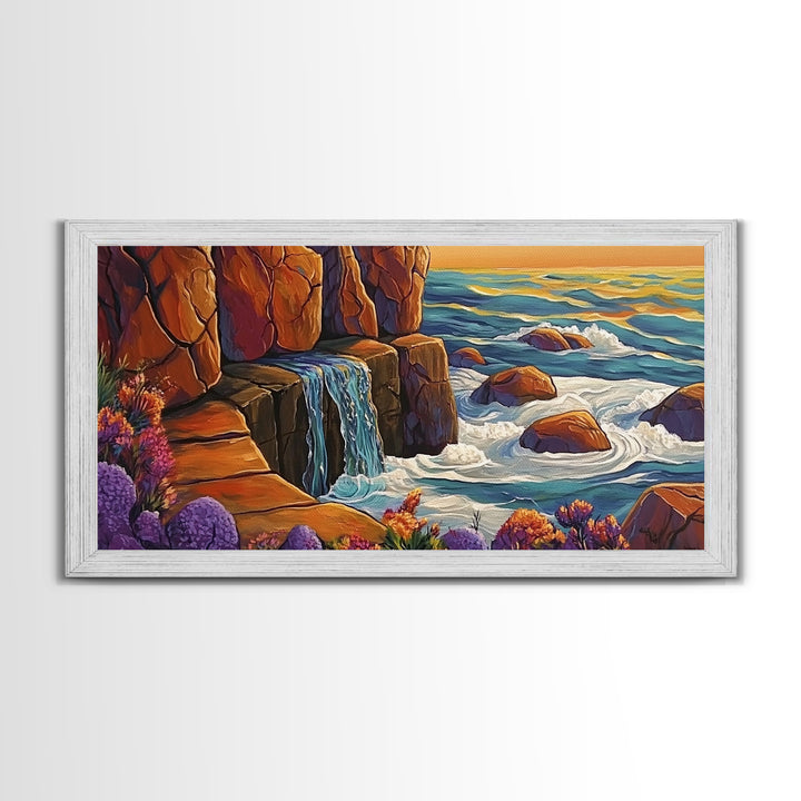 Cliffside Waterfall, Ocean Swirls, Sunset Tide, Framed Canvas Print, Nature Landscape Wall Art, Bold Boho Living Room Decor