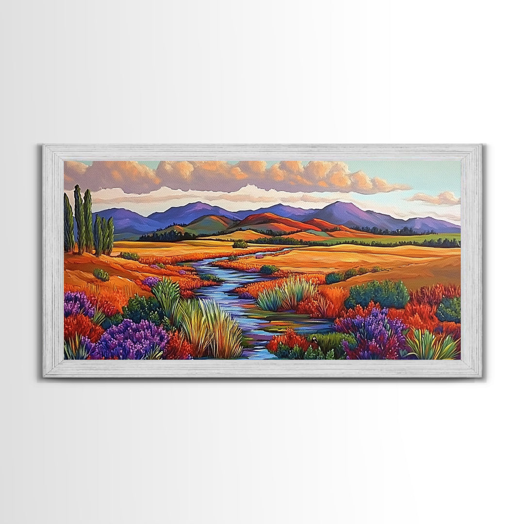 Autumn River, Golden Fields, Mountain View, Canvas Print, Fall Landscape Wall Art, Rustic Living Room Art, Seasonal Entryway Decor