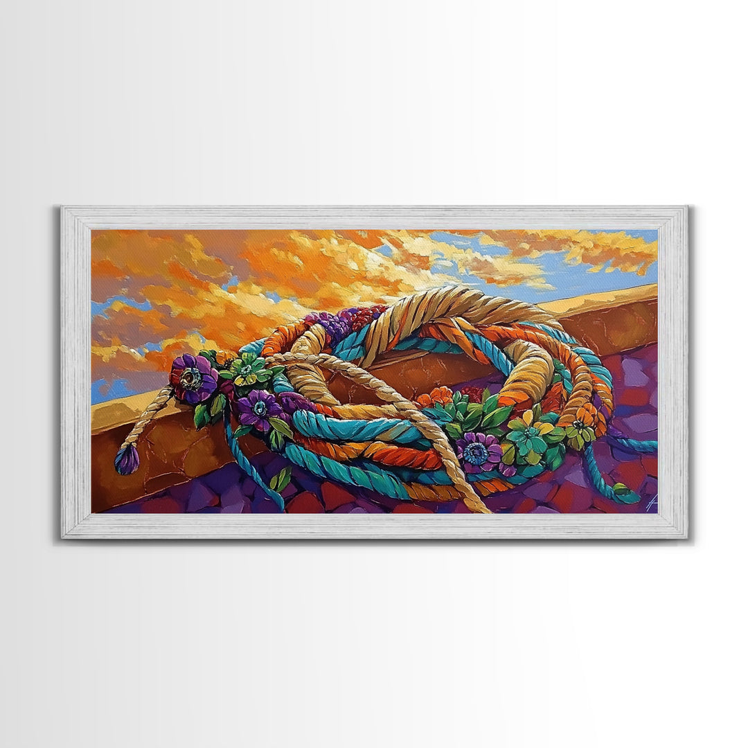 Desert Rope, Western Decor, Rustic Sunset, Framed Canvas Print, Southwestern Wall Art, Bold Kitchen or Ranch Style Office Decor