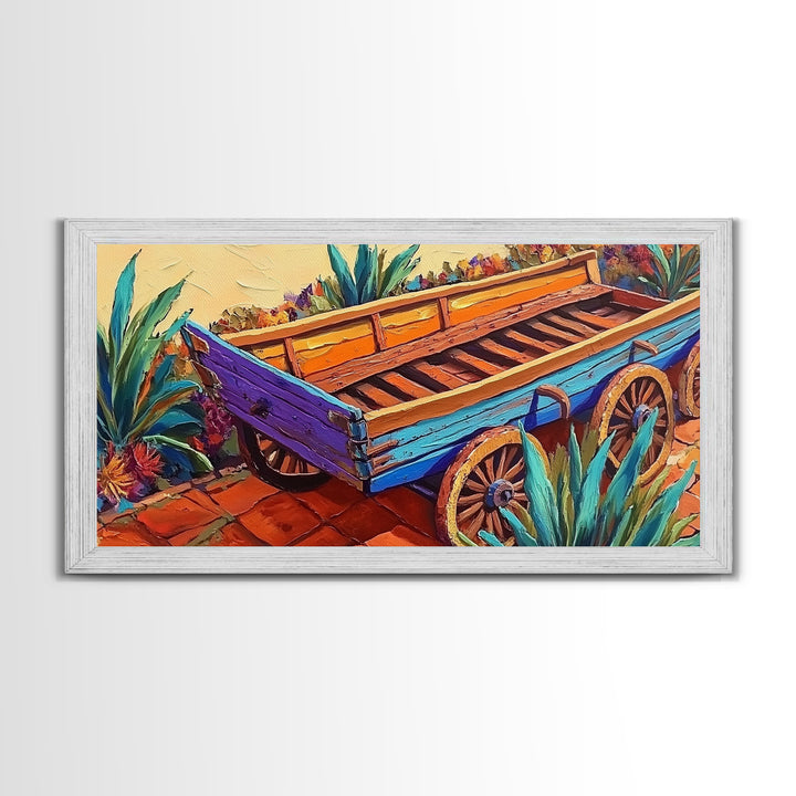 Painted Wagon, Rustic Charm, Color Pop, Framed Canvas Print, Western Farmhouse Wall Art, Vibrant Kitchen Print, Entryway Decor
