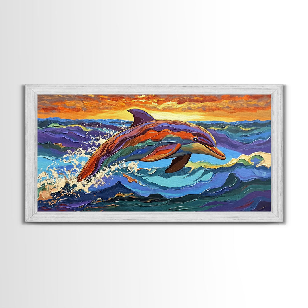 Dolphin Ocean, Sunset, Vibrant, Jumping Dolphin Canvas Print, Beach House Wall Art, Vibrant Ocean Scene, Kids Room Decor, Summer Art