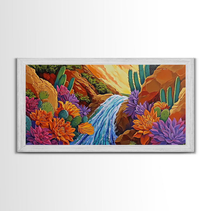 Cactus Canyon, Flowers, Waterfall, Framed Canvas Print Bright desert wall art, boho botanical painting, vibrant hallway home decor