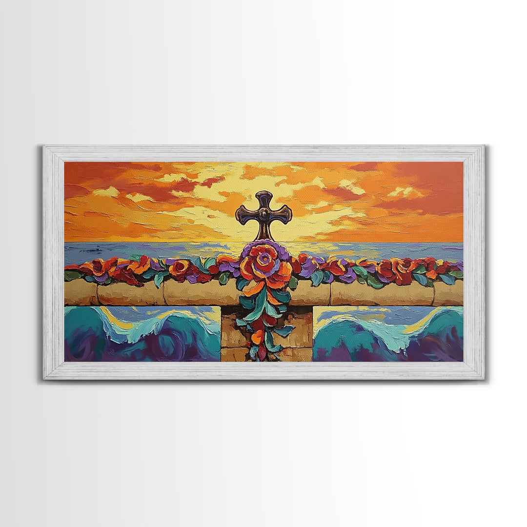 Cross Sunset, Flowers, Spiritual, Coastal Cross Sunset Framed Canvas Print, Christian Wall Art, Floral Beach Decor, Living Room Art