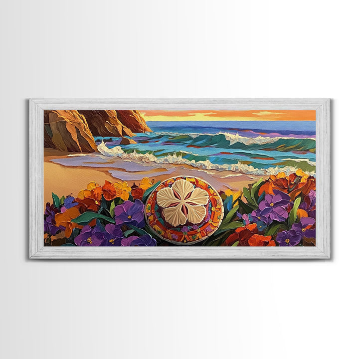 Ocean Beach, Flower, Sand Dollar, Coastal Beach Scene Framed Canvas Print, Bathroom Wall Art, Tropical Seaside Decor, Coastal Painting