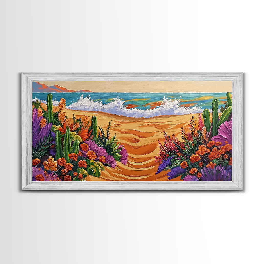 Beach Floral, Sunset, Cactus, Vibrant Desert Coastal Pathway Canvas Print, Entryway Wall Art, Boho Style Art, Tropical Beach Wall Decor