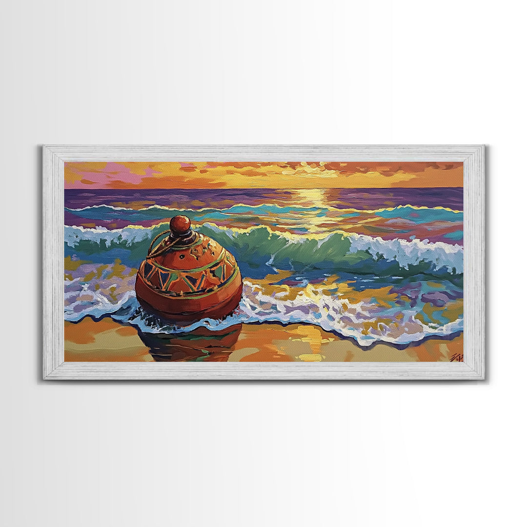 Buoy Shoreline, Sunset, Surf, Sunset Ocean Buoy Canvas Print, Coastal Wall Art, Nautical Theme Living Room, Bold Beach House Fall Decor