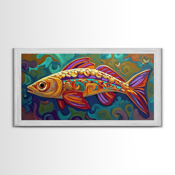 Colorful Fish, Wall, Art, Framed Canvas Print, Boho ocean wall decor, coastal bathroom wall art, whimsical undersea painting kitchen