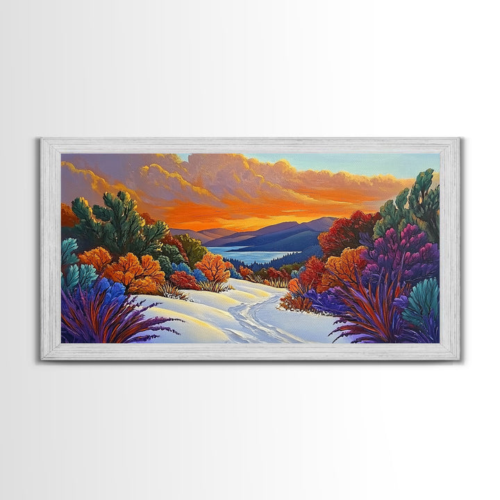 Winter Sunset, Lake, Trees, Framed Canvas Print, Autumn cabin wall art, colorful landscape living room decor, mountain snow painting