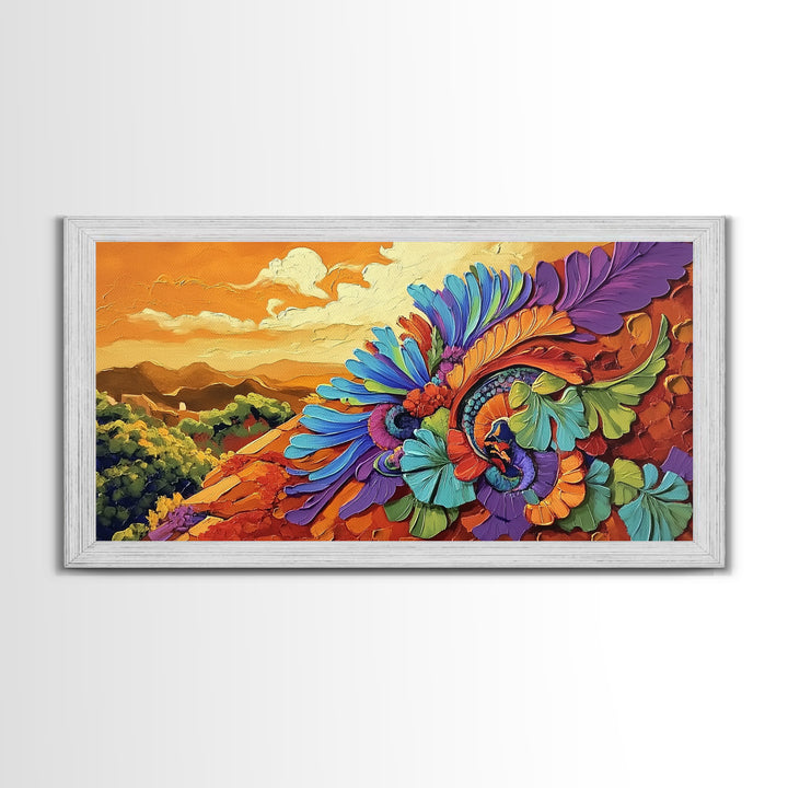 Colorful Feather, Design, Sunset, Framed Canvas Print, southwest wall art, abstract boho style, living room wall art, desert tones