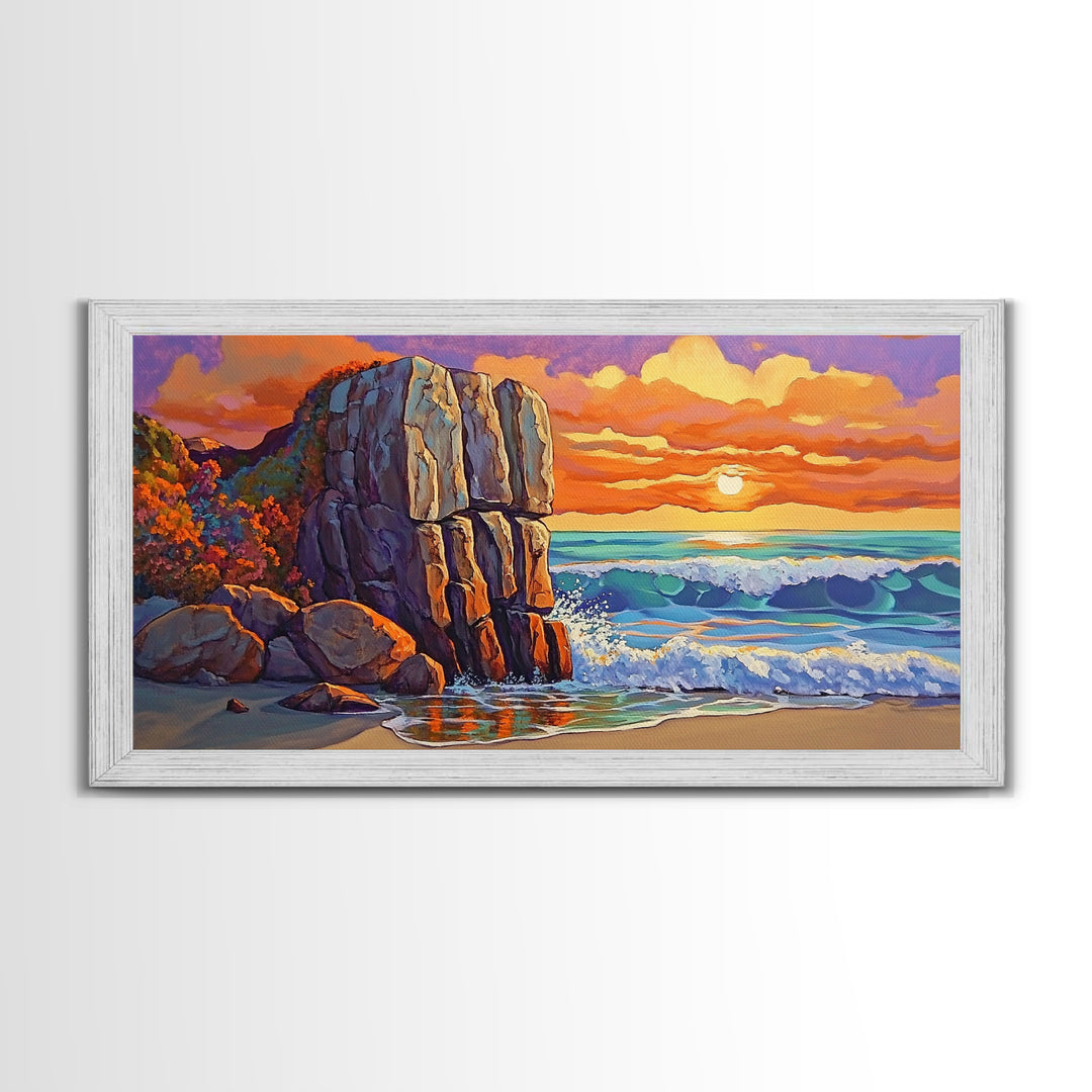 Rock Ocean, Sunset, Waves, Framed Canvas Print, coastal wall decor, bold shoreline art, living room beach style, nature theme