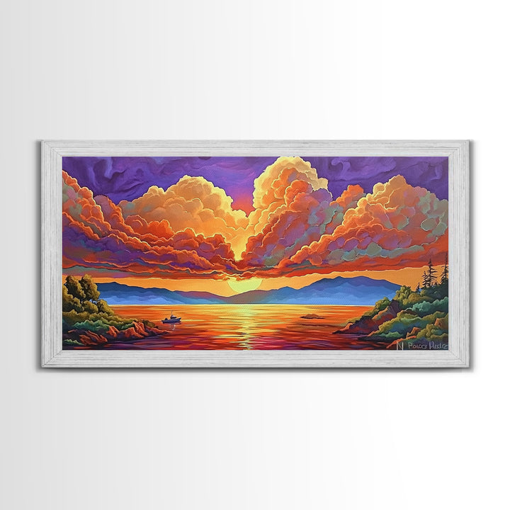 Boat Lake, Dramatic Sky, Sunset Clouds, Framed Canvas Print, Fall Landscape Art, Office Wall Decor, Vibrant Nature Scene, Moody Colors