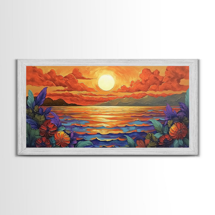 Flowers Sunset, Ocean View, Coastal Bloom, Framed Canvas Print, Vibrant Nature Art, Kitchen Wall Decor, Beach Garden Scene, Bold Colors