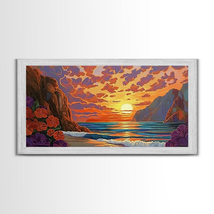 Beach Cliffs, Sunset, Vibrant Sky, Framed Canvas Print, Boho Coastal Art, Bedroom Wall Decor, Ocean View Painting, Tropical Landscape
