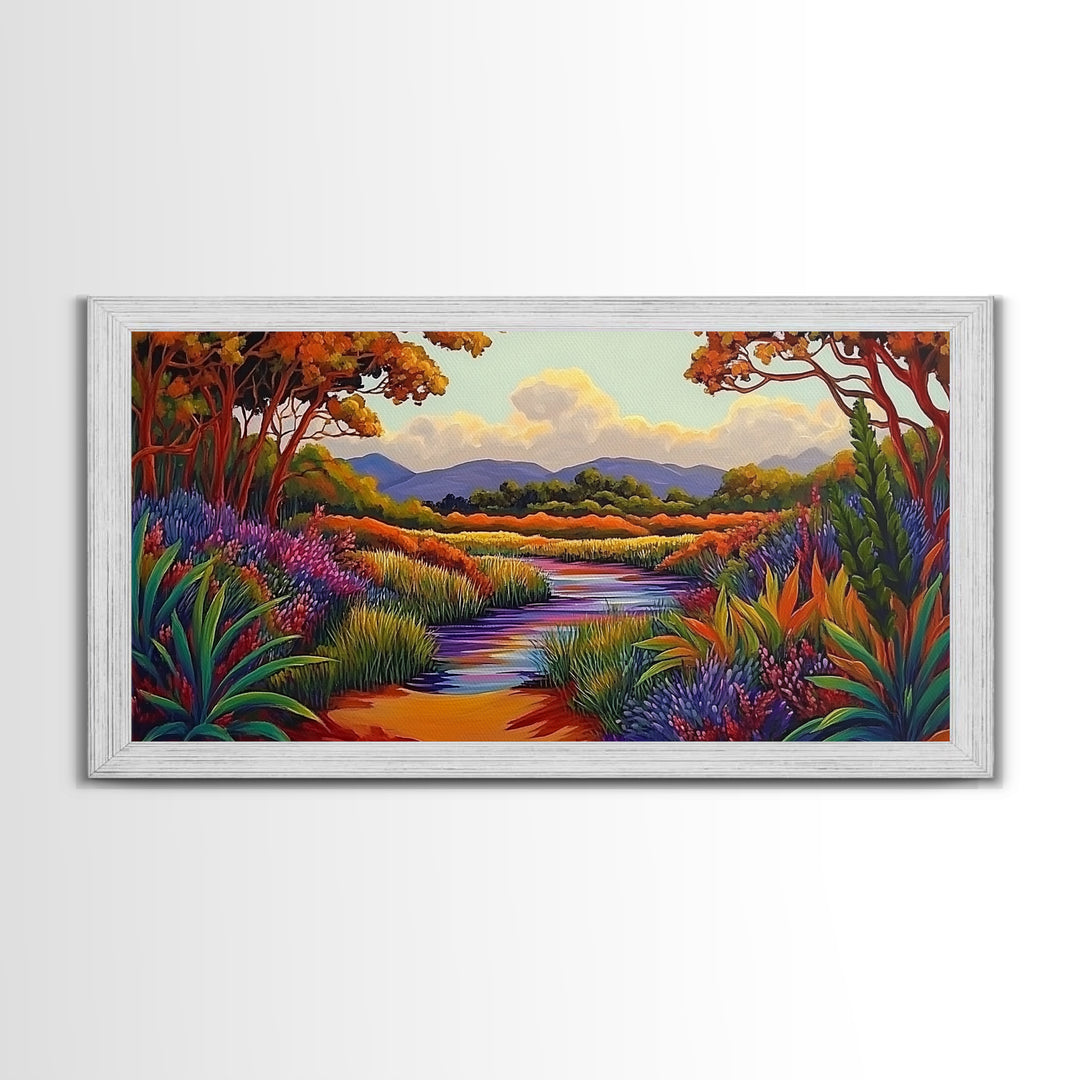 River Wildflowers, Autumn Trees, Mountain View, Framed Canvas Print, Fall Nature Art, Kitchen Wall Decor, Boho Landscape Painting