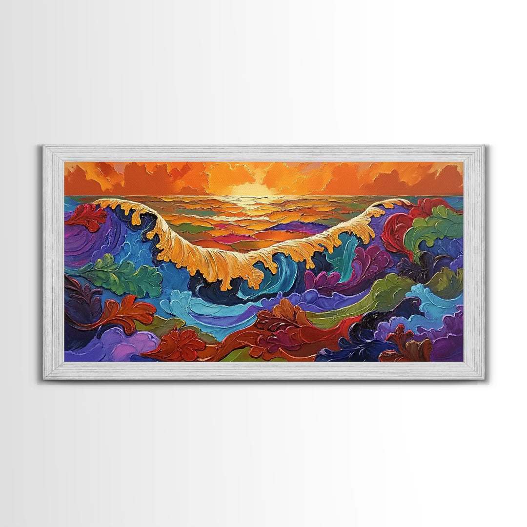 Ocean Abstract, Waves, Sunset, Framed Canvas Print, Surreal Coastal Art, Living Room Wall Decor, Fantasy Seascape, Boho Expressionist