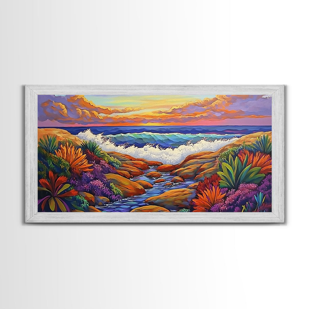 Sunset Ocean, Garden, View, Framed Canvas Print, coastal sunset wall art, tropical flowers, beach décor, boho landscape, living room