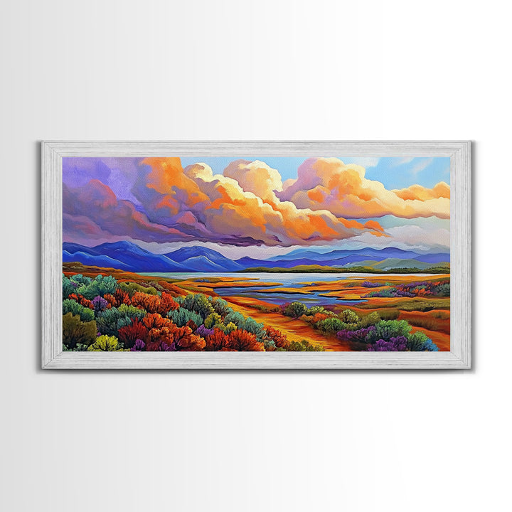Autumn Mountains, Path, Landscape, Framed Canvas Print, serene autumn mountain scene with vibrant clouds, colorful field trail art