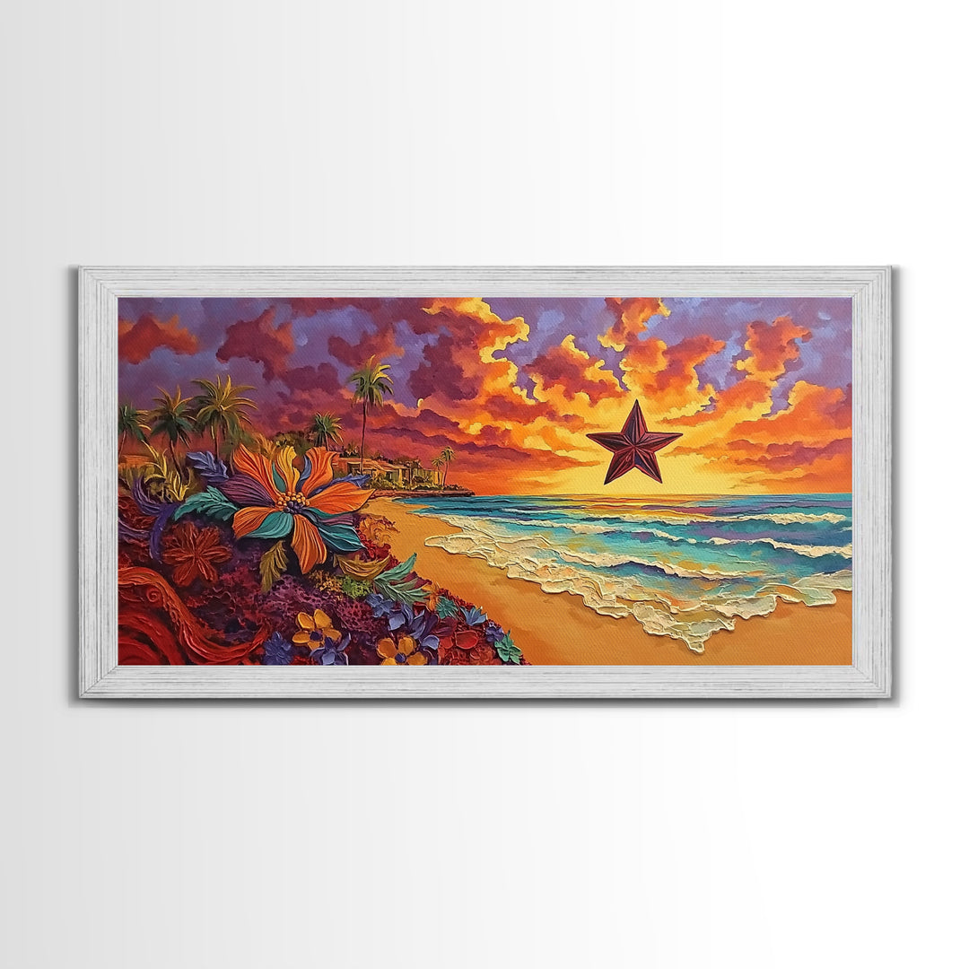 Beach Star, Flower, Sunset, Framed Canvas Print, beach sunset art with star, bold tropical flowers, palm trees, vivid sky, living room