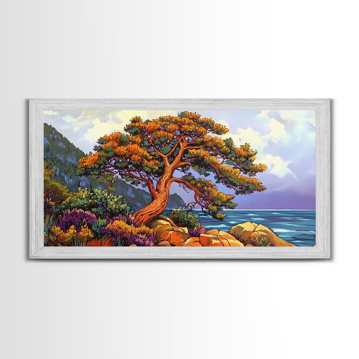 Coastal Tree, Sunset, Ocean, Vibrant tree coastal scene, Canvas Print, Fall Decor, Nature Art, Living Room Wall Art, Earthy Tones